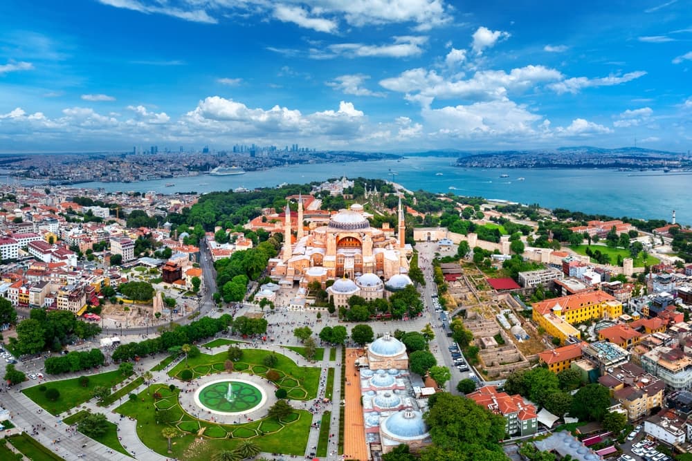 Aerial view of Hagia Sophia and the Sultanahmet skyline