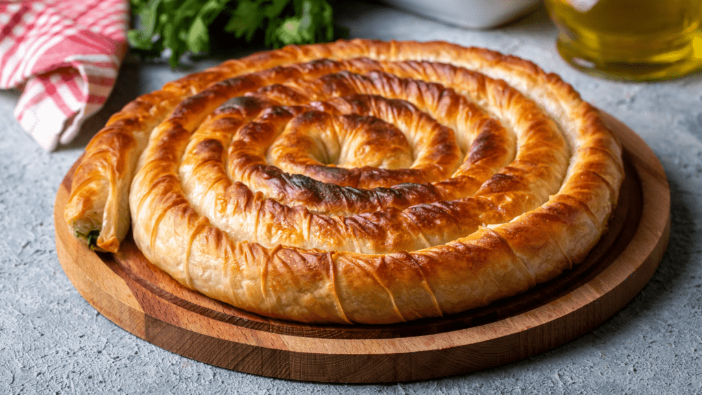 a circular pastry on a wooden board