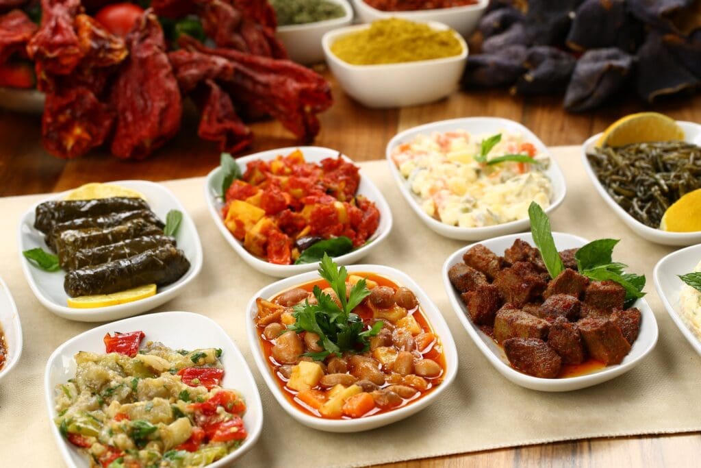 a table with different foods